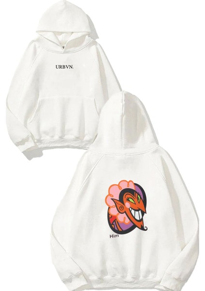 Him Powerpuff Girls Tasarım Baskılı Oversize Beyaz Kapüşonlu Sweatshirt