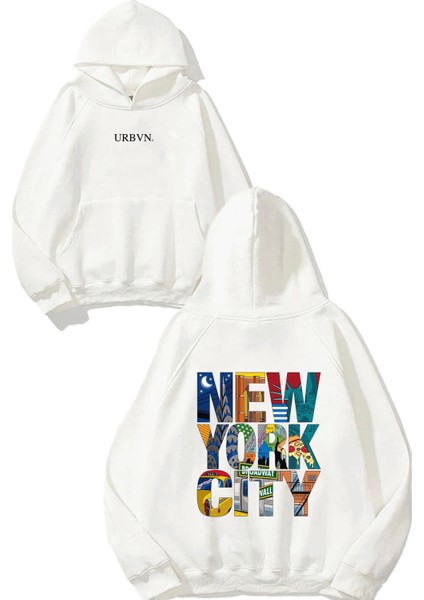 New York City Tasarım Baskılı Oversize Beyaz Kapüşonlu Sweatshirt