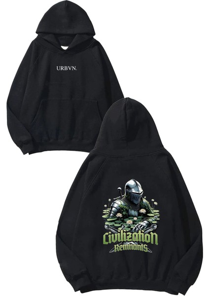 Civilization Tasarım Baskılı Oversize Siyah Kapüşonlu Sweatshirt
