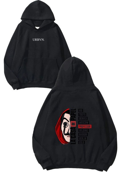 La Casa De Papel Tasarım Baskılı Oversize Siyah Kapüşonlu Sweatshirt