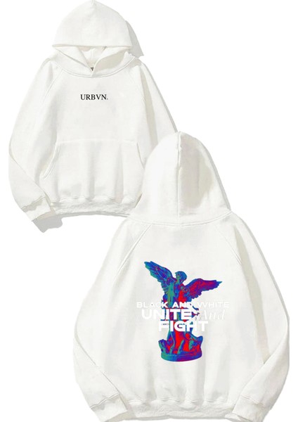 Unite Tasarım Baskılı Oversize Beyaz Kapüşonlu Sweatshirt