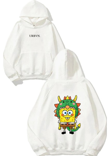 Sponge Dragon Tasarım Baskılı Oversize Beyaz Kapüşonlu Sweatshirt