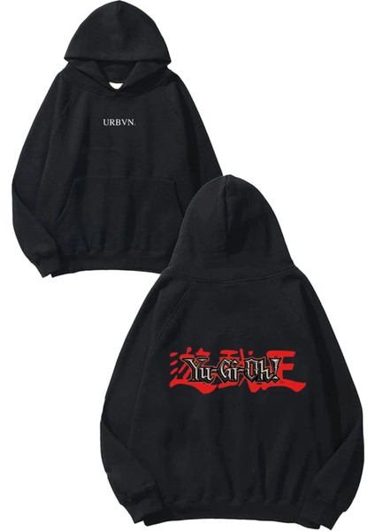 Yu Gi Tasarım Baskılı Oversize Siyah Kapüşonlu Sweatshirt