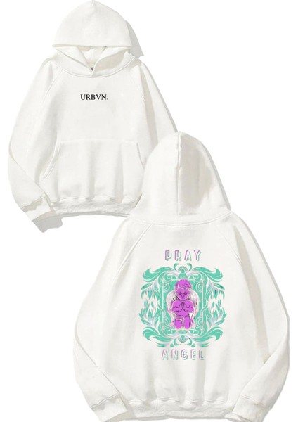 Pray Angel Tasarım Baskılı Oversize Beyaz Kapüşonlu Sweatshirt