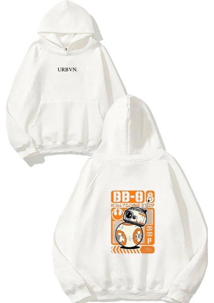 Bb 8 Tasarım Baskılı Oversize Beyaz Kapüşonlu Sweatshirt