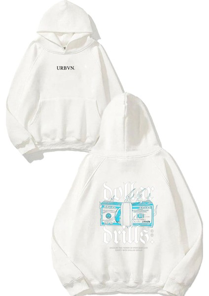 Dollar Drills Tasarım Baskılı Oversize Beyaz Kapüşonlu Sweatshirt