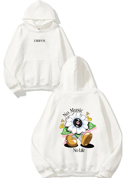 No Music No Life Tasarım Baskılı Oversize Beyaz Kapüşonlu Sweatshirt