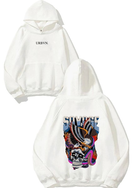 Savage Skull Tasarım Baskılı Oversize Beyaz Kapüşonlu Sweatshirt