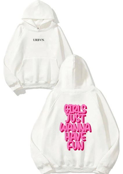 Girls Fun Tasarım Baskılı Oversize Beyaz Kapüşonlu Sweatshirt