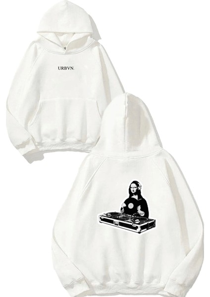 Dj Tasarım Baskılı Oversize Beyaz Kapüşonlu Sweatshirt