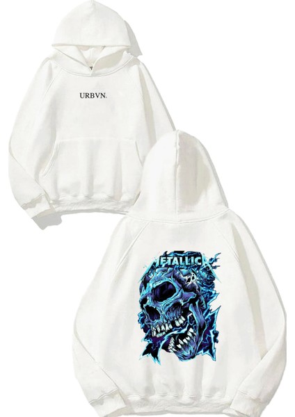 Metallica Skull Tasarım Baskılı Oversize Beyaz Kapüşonlu Sweatshirt