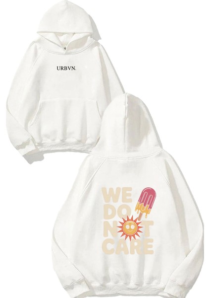 We Dont Care Tasarım Baskılı Oversize Beyaz Kapüşonlu Sweatshirt