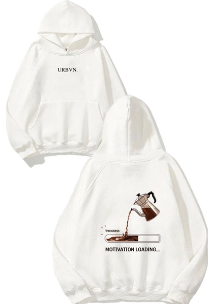 Coffee Motivation Tasarım Baskılı Oversize Beyaz Kapüşonlu Sweatshirt