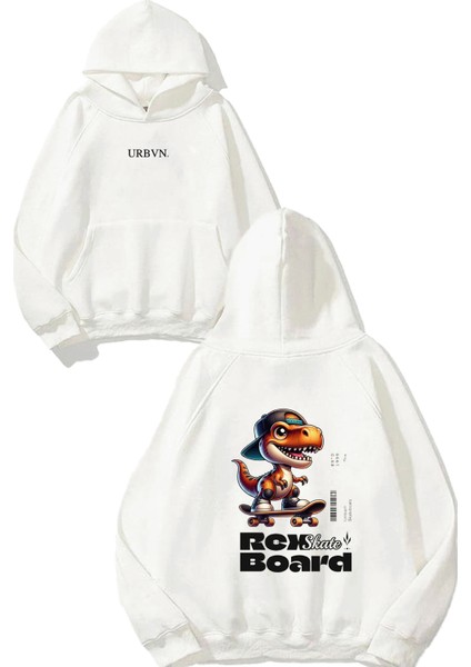 Rex Tasarım Baskılı Oversize Beyaz Kapüşonlu Sweatshirt