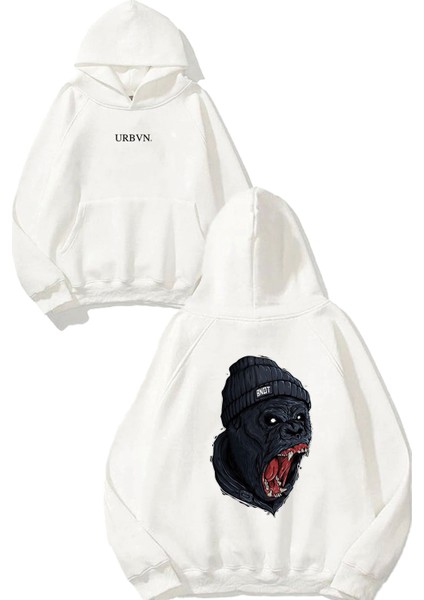Gorilla Tasarım Baskılı Oversize Beyaz Kapüşonlu Sweatshirt