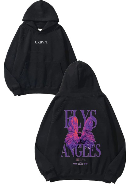 Flys Angles Tasarım Baskılı Oversize Siyah Kapüşonlu Sweatshirt