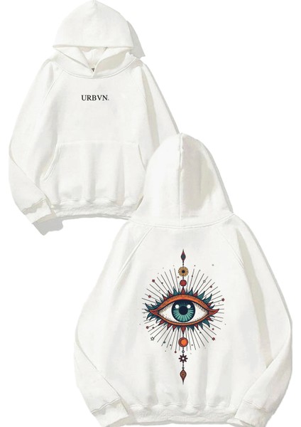 Eye Mandala Tasarım Baskılı Oversize Beyaz Kapüşonlu Sweatshirt