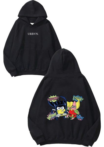 Spongebob Patrick Heros Tasarım Baskılı Oversize Siyah Kapüşonlu Sweatshirt