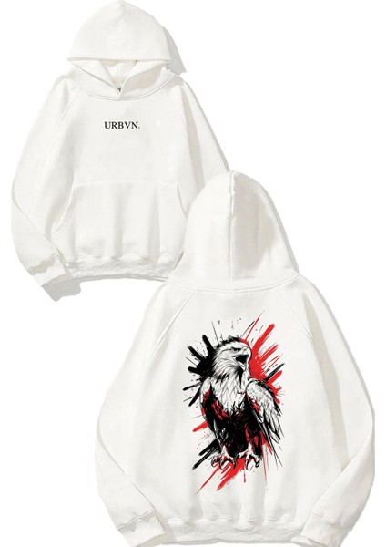 Kuzgun Kırmızı Tasarım Baskılı Oversize Beyaz Kapüşonlu Sweatshirt