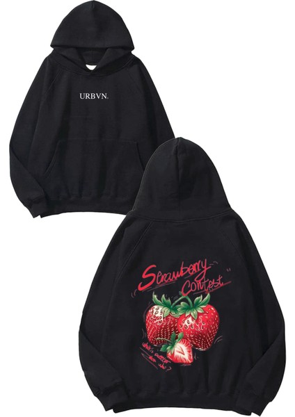 Strawberry Contest Tasarım Baskılı Oversize Siyah Kapüşonlu Sweatshirt