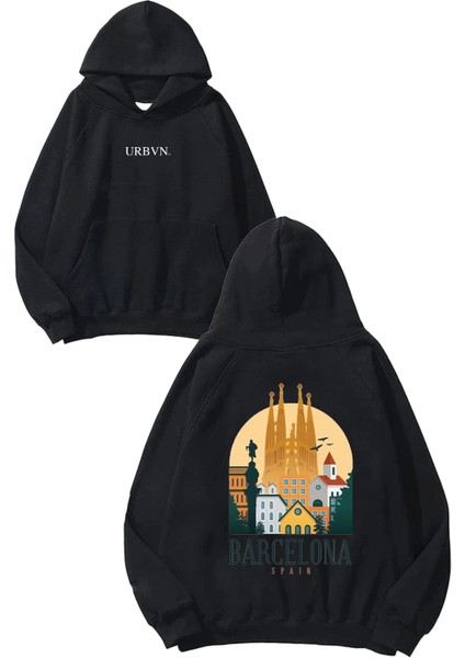 Barcelona Spain Tasarım Baskılı Oversize Siyah Kapüşonlu Sweatshirt