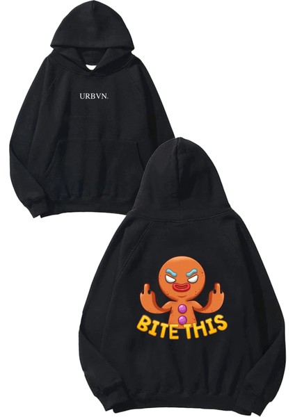 Bite This Tasarım Baskılı Oversize Siyah Kapüşonlu Sweatshirt