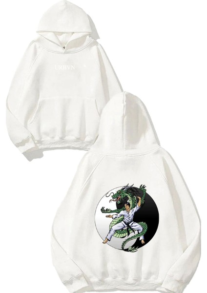 Kung Fu Dragon Tasarım Baskılı Oversize Beyaz Kapüşonlu Sweatshirt