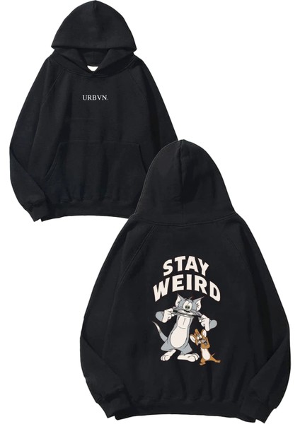 Stay Weird Tasarım Baskılı Oversize Siyah Kapüşonlu Sweatshirt