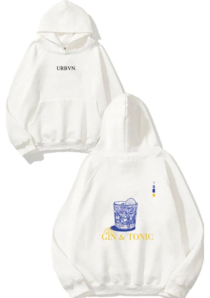 Gin Tonic Glass Tasarım Baskılı Oversize Beyaz Kapüşonlu Sweatshirt
