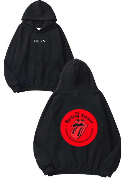 The Rolling Stones Tasarım Baskılı Oversize Siyah Kapüşonlu Sweatshirt