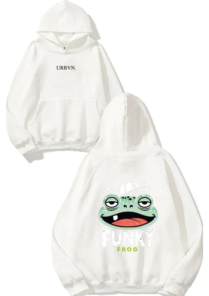 Funky Frog Tasarım Baskılı Oversize Beyaz Kapüşonlu Sweatshirt