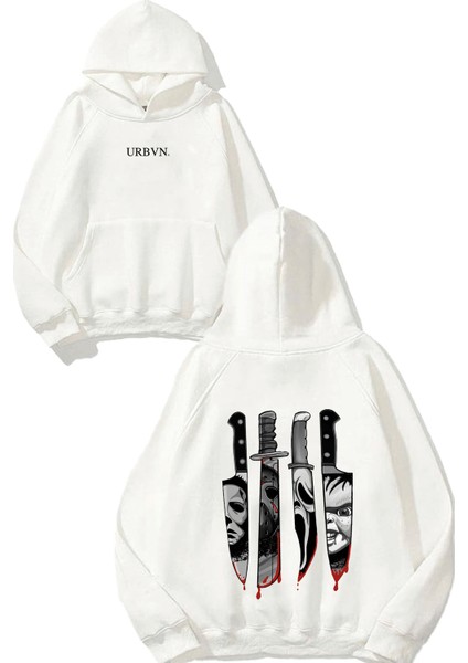 Knife Tasarım Baskılı Oversize Beyaz Kapüşonlu Sweatshirt
