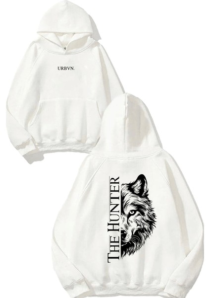 Hunter Tasarım Baskılı Oversize Beyaz Kapüşonlu Sweatshirt