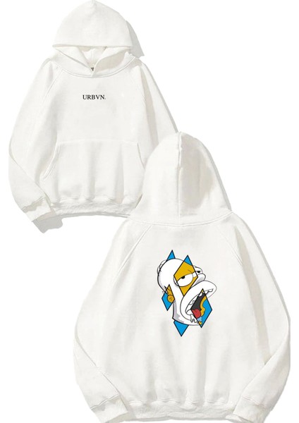 Simpson Tasarım Baskılı Oversize Beyaz Kapüşonlu Sweatshirt