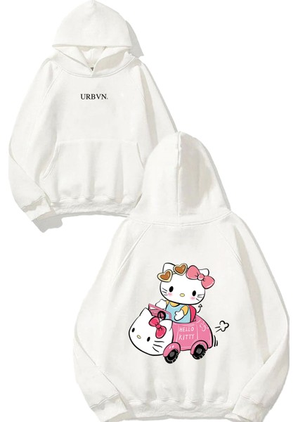 Hello Kitty Car Tasarım Baskılı Oversize Beyaz Kapüşonlu Sweatshirt
