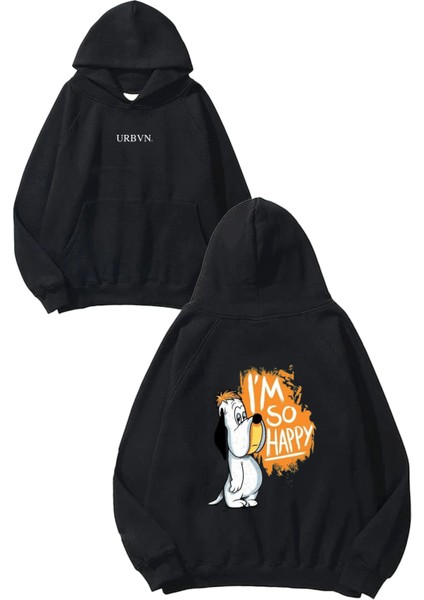 So Happy Tasarım Baskılı Oversize Siyah Kapüşonlu Sweatshirt