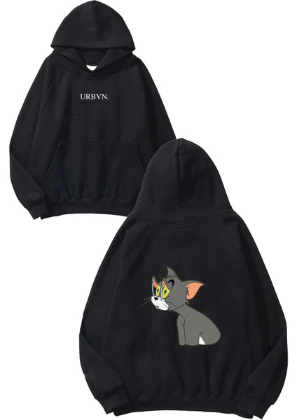 Sleepy Tom Tasarım Baskılı Oversize Siyah Kapüşonlu Sweatshirt