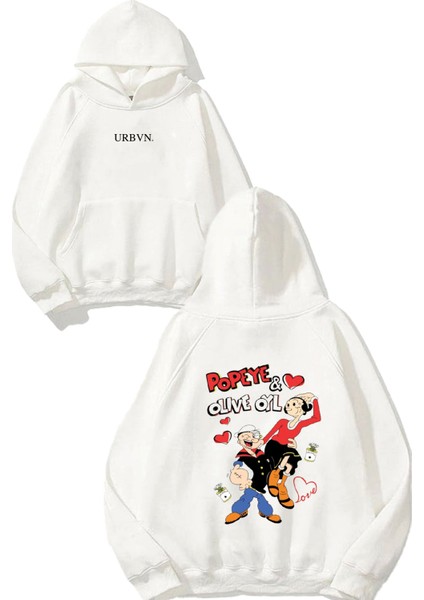 Popeye Tasarım Baskılı Oversize Beyaz Kapüşonlu Sweatshirt