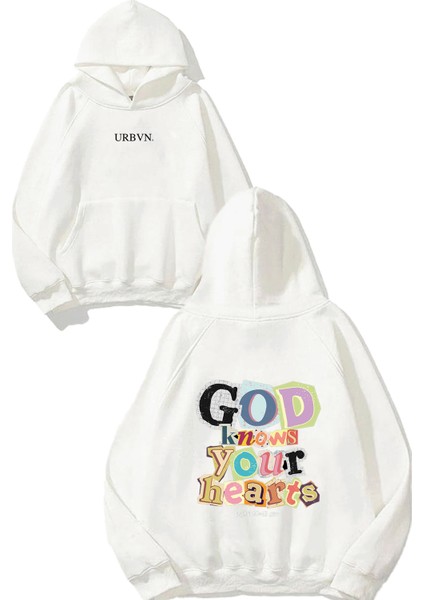 God Knows Tasarım Baskılı Oversize Beyaz Kapüşonlu Sweatshirt
