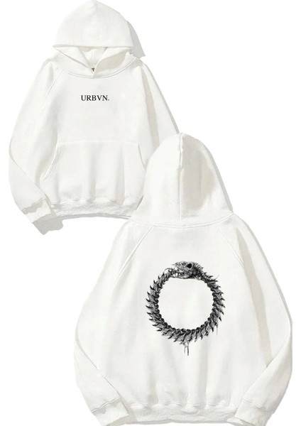 Boa Tasarım Baskılı Oversize Beyaz Kapüşonlu Sweatshirt