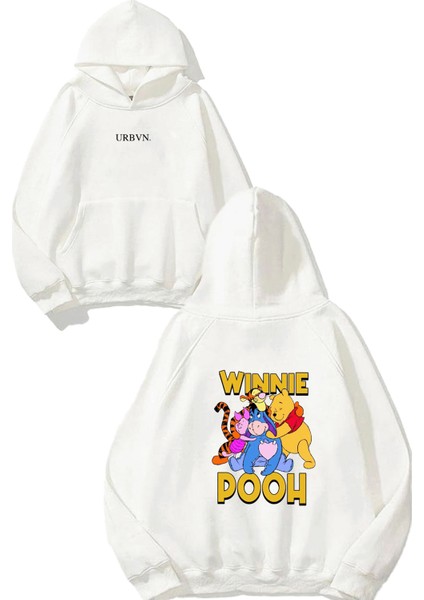 Winniethepooh 1 Tasarım Baskılı Oversize Beyaz Kapüşonlu Sweatshirt
