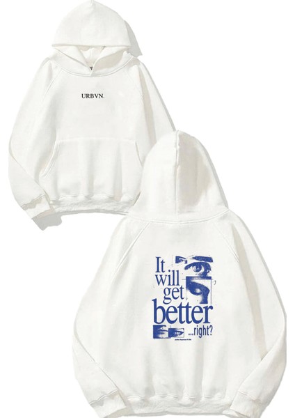 Better Tasarım Baskılı Oversize Beyaz Kapüşonlu Sweatshirt