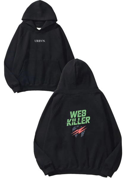 Web Killer Tasarım Baskılı Oversize Siyah Kapüşonlu Sweatshirt