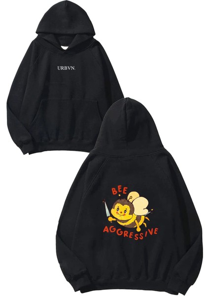 Bee Tasarım Baskılı Oversize Siyah Kapüşonlu Sweatshirt