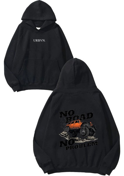 No Road Tasarım Baskılı Oversize Siyah Kapüşonlu Sweatshirt