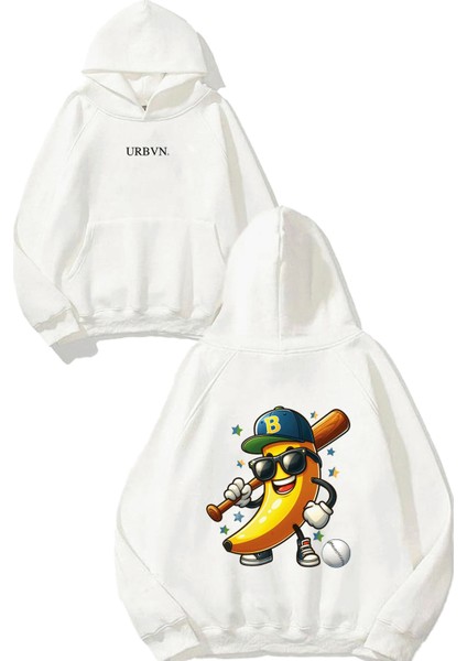 Banana Baseball Tasarım Baskılı Oversize Beyaz Kapüşonlu Sweatshirt