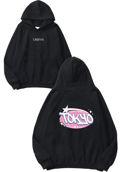 Tokyo Star Tasarım Baskılı Oversize Siyah Kapüşonlu Sweatshirt