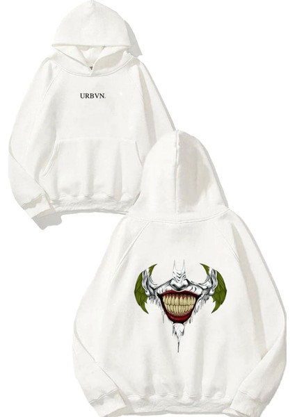 Batman Joker Tasarım Baskılı Oversize Beyaz Kapüşonlu Sweatshirt