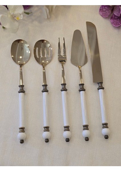 5 Parça Rustik Porselen Servis Kaşık Seti Antik Titanyum