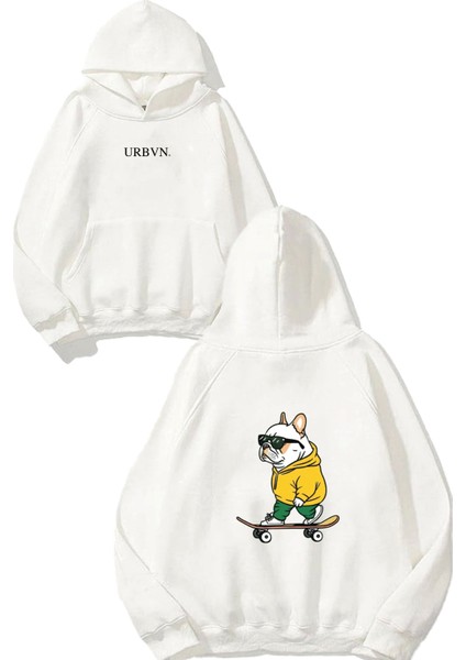 Frenchie Skate Tasarım Baskılı Oversize Beyaz Kapüşonlu Sweatshirt